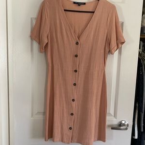 Light pink linen button front v neck dress